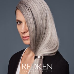 toning haircare model with grey hair